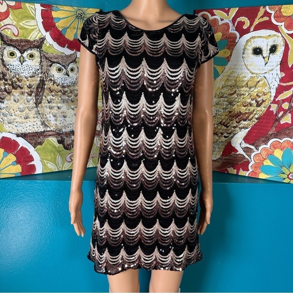 Romeo & Juliet Dress Mini Women's XS Sequin Black Gold Art Deco Party